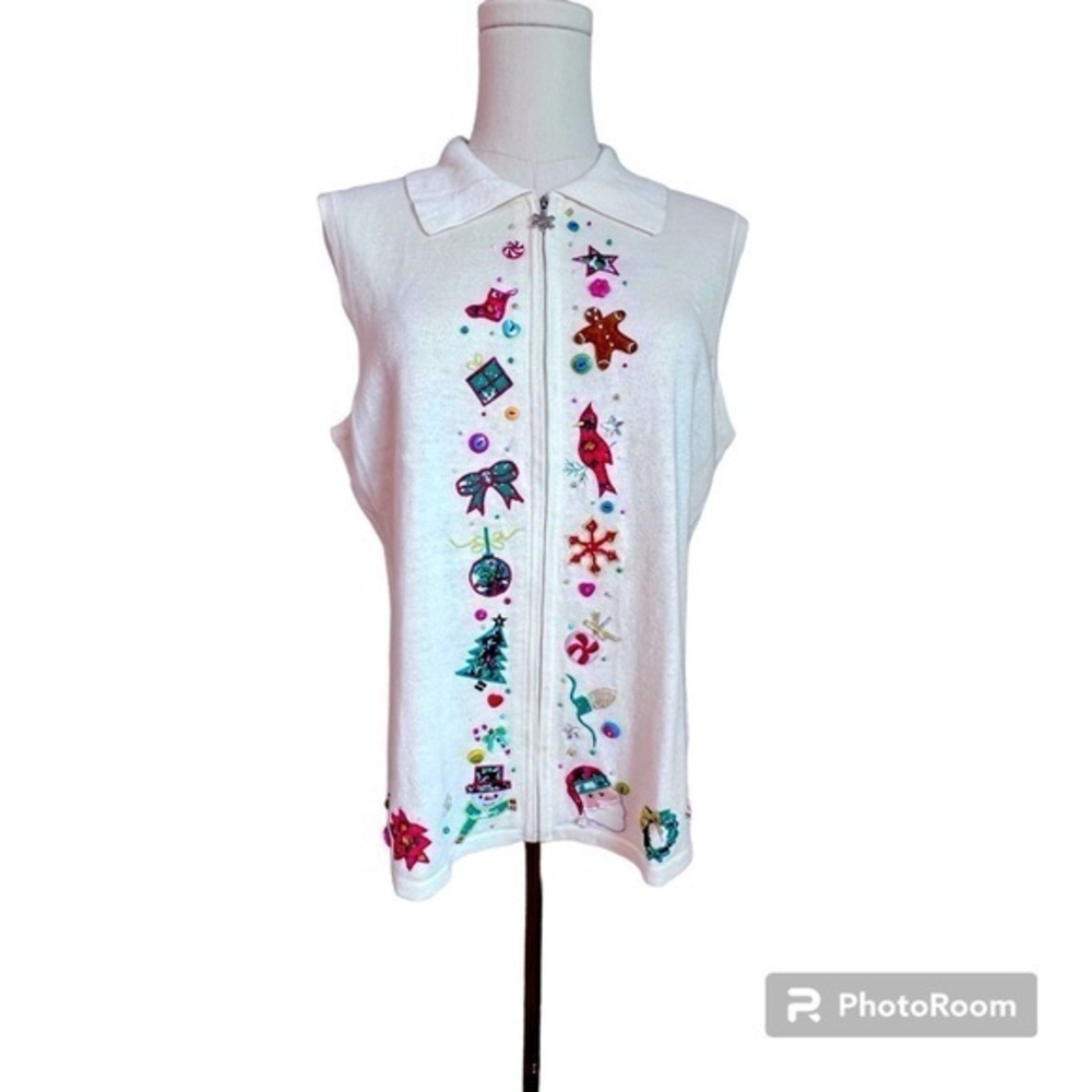 Designers Originals Women’s M Christmas Sweater Vest Full Zip Embroidered Beaded